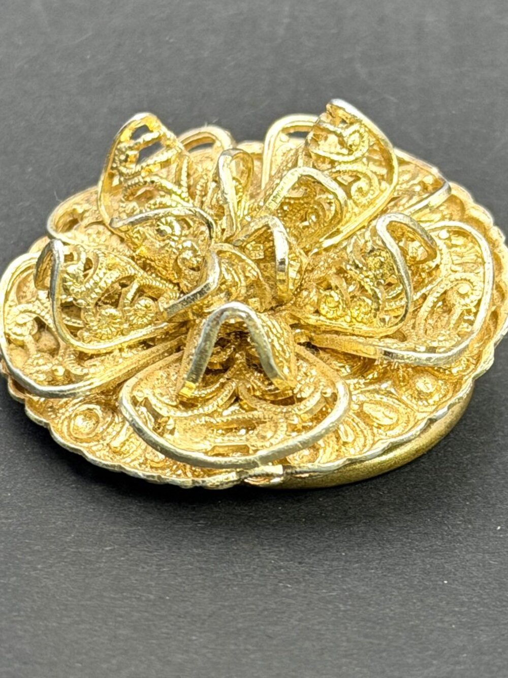 Vintage Western Germany Filigree Layered Flower Scarf Clip Gold Tone 1.5 in
